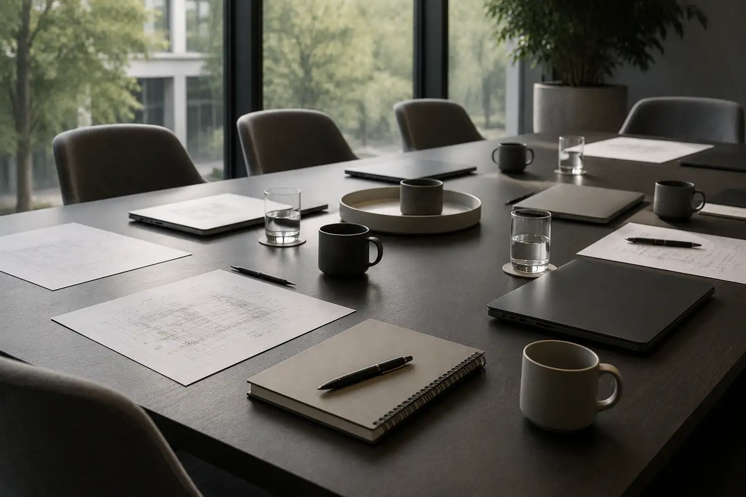 Two colleagues working through printed plans together at a shared table