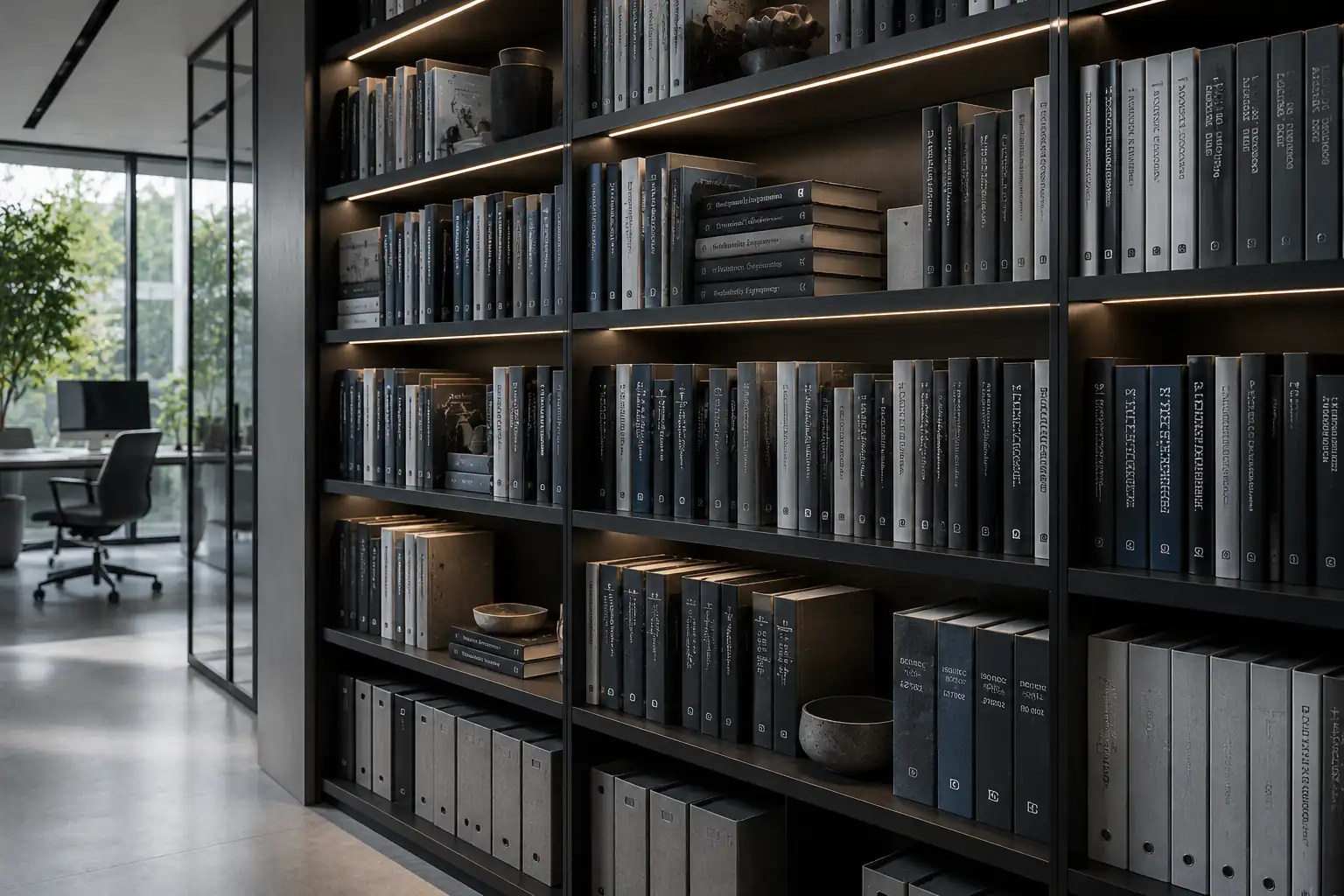 Shelves of bound engineering standards and reference volumes in the Arqentek library