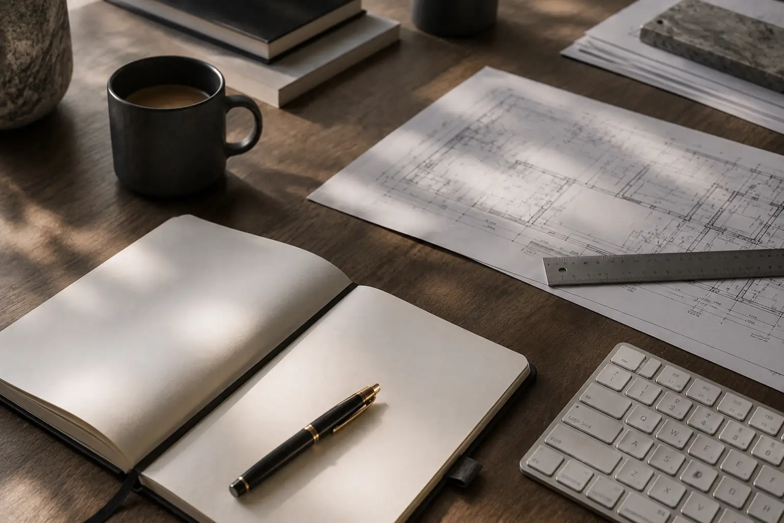 A work desk in detail: open notebook, fountain pen, coffee and a technical drawing in low afternoon light