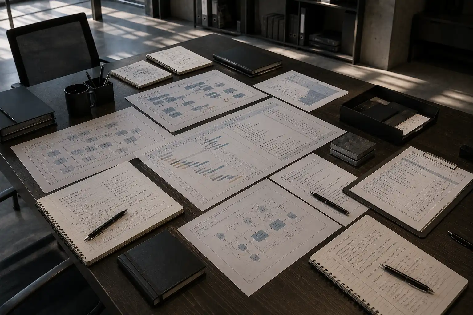 A delivery review in progress: printed system diagrams, working notes and laptops across a shared table