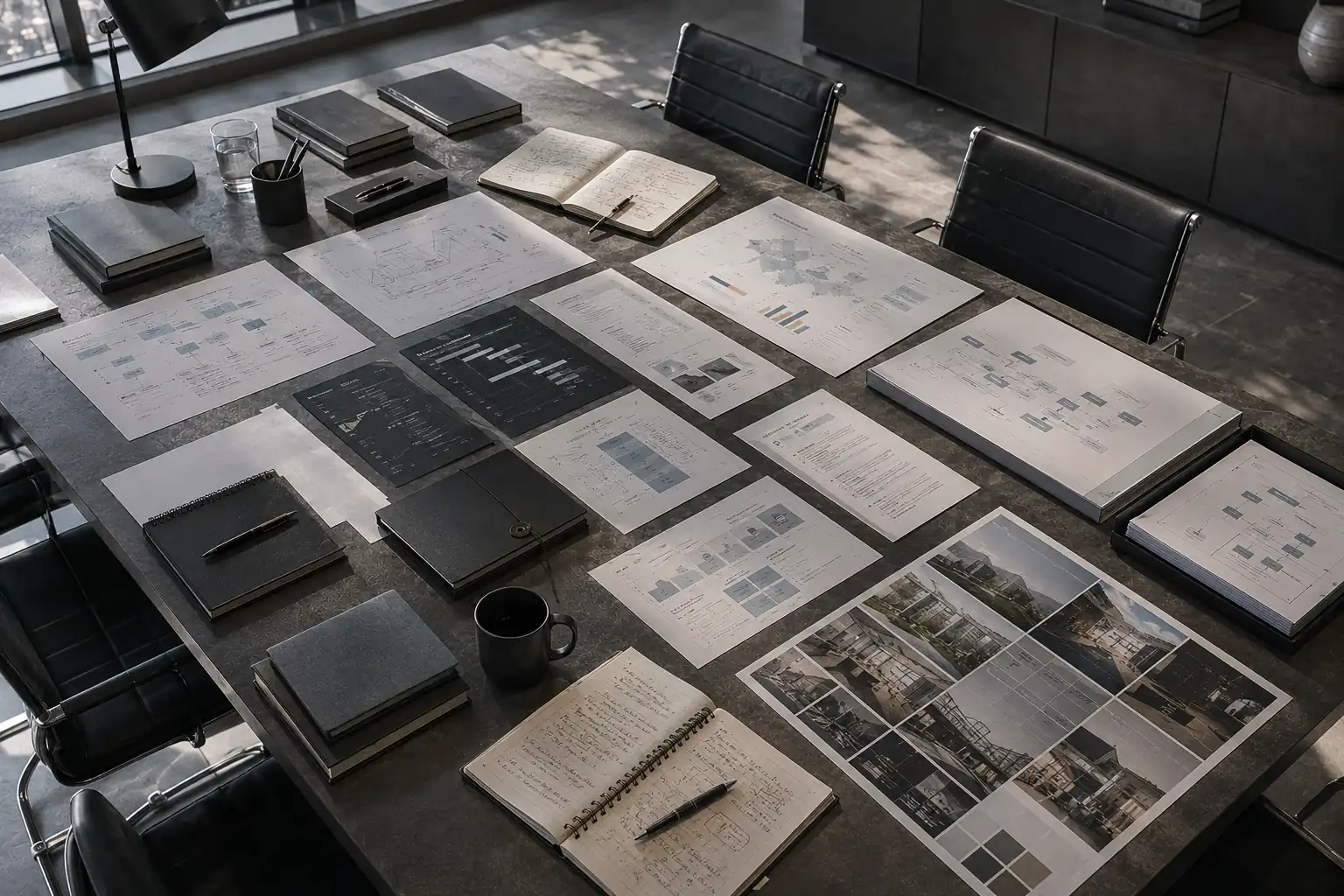 An engagement record laid out for review: bound documentation, decision logs and annotated architecture records on a work table