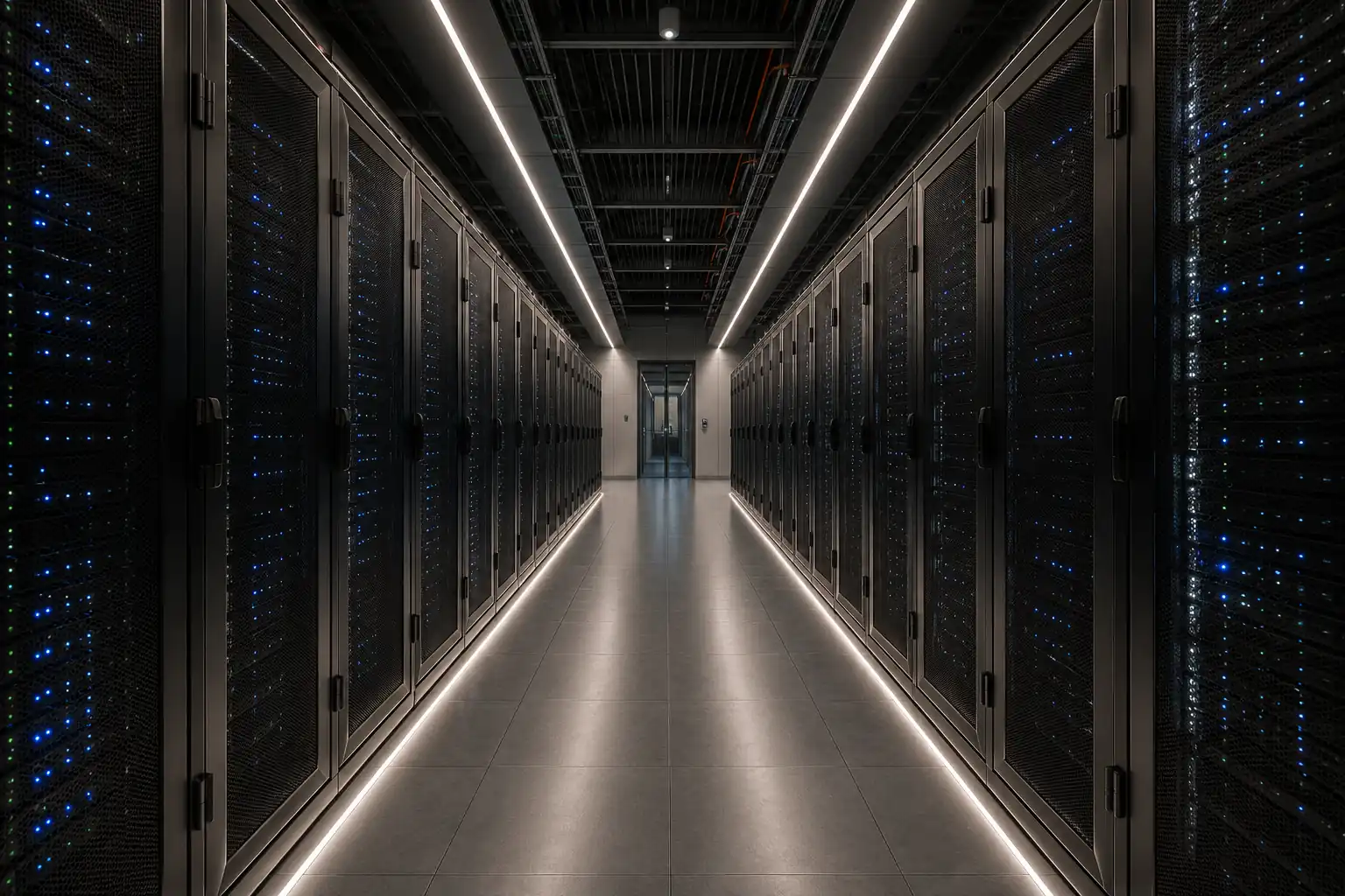 A data centre aisle: racks of servers with status lights either side of a lit walkway