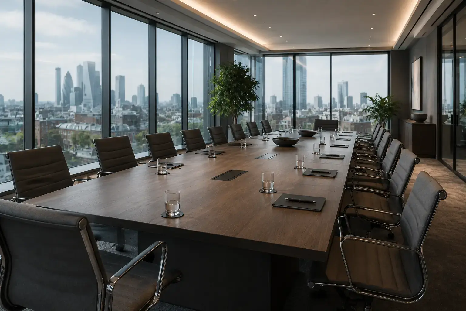 A boardroom prepared for a decision: a long table with folios and water glasses before floor-to-ceiling windows over the city