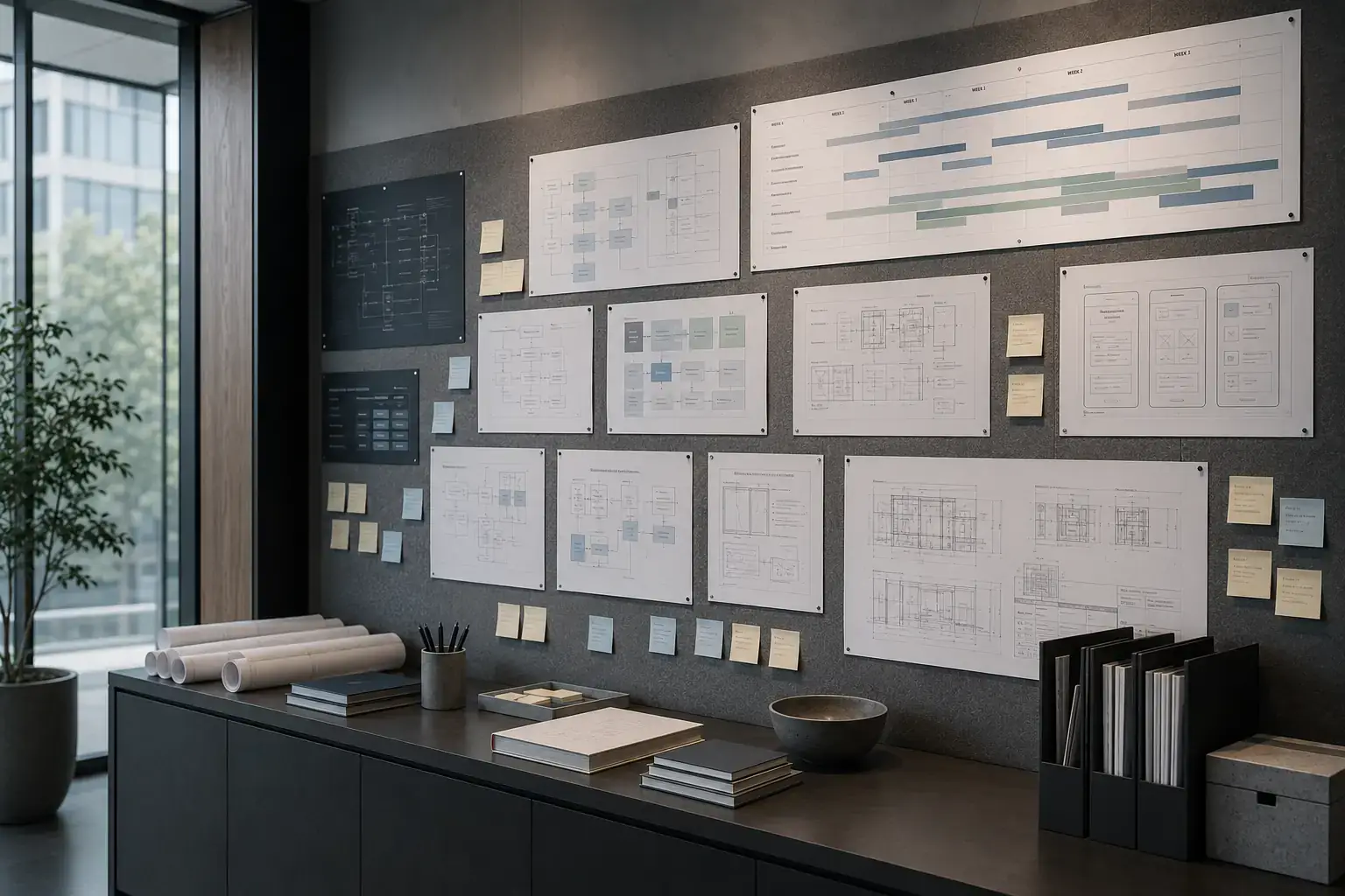 A planning wall: architecture diagrams, delivery timelines and annotated drawings pinned above a sideboard of rolled plans and records