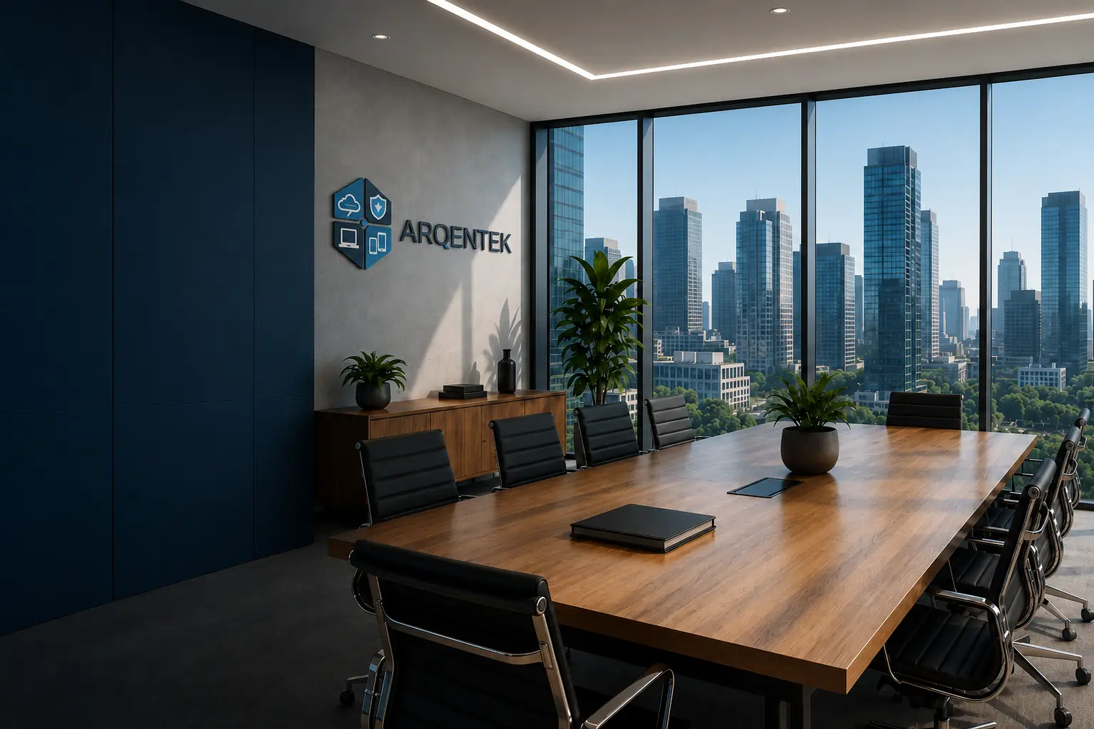 The Arqentek meeting room: a long timber table before floor-to-ceiling windows over the city