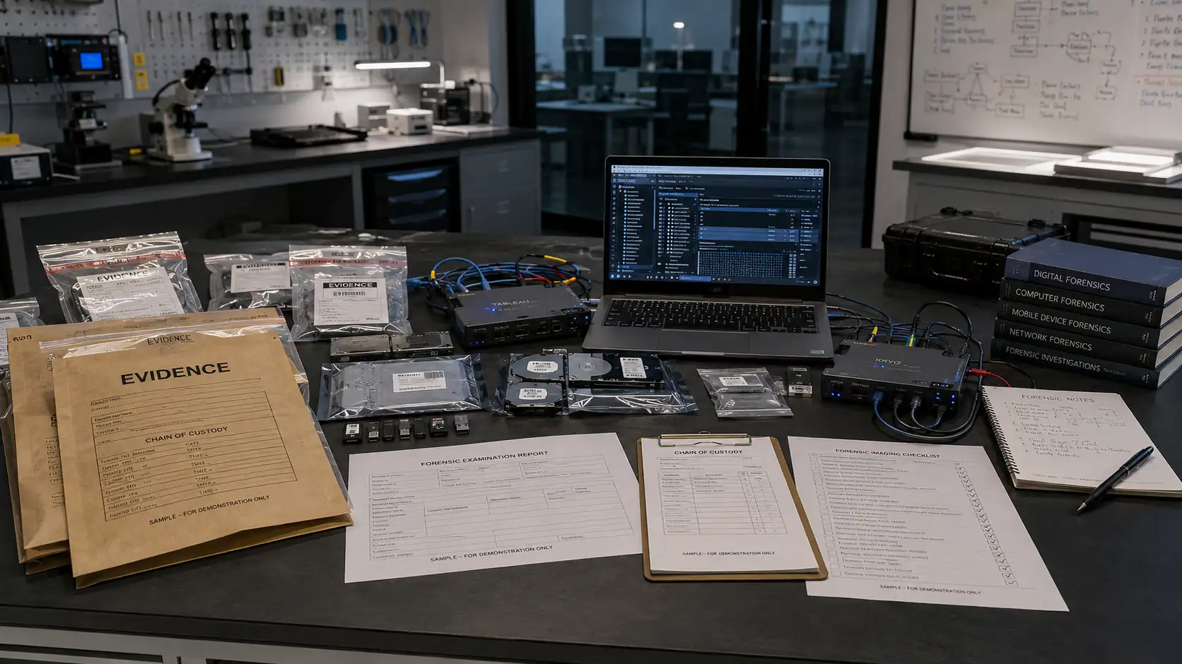 A digital forensics bench: evidence bags, write-blockers, imaged drives and chain-of-custody paperwork beside an examination laptop