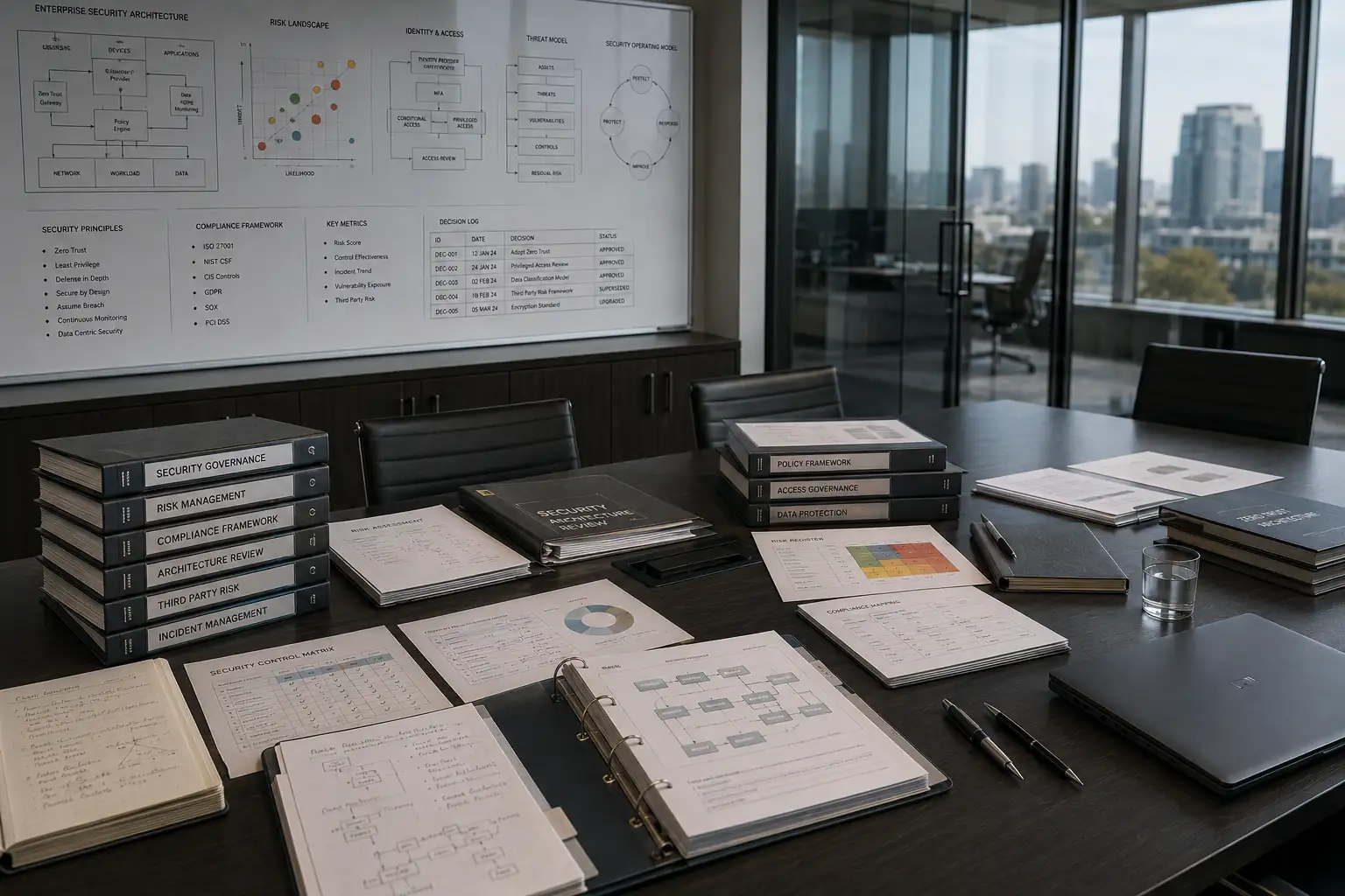 A governance review table: security policy binders, risk registers and control matrices laid out beneath a whiteboard of security architecture