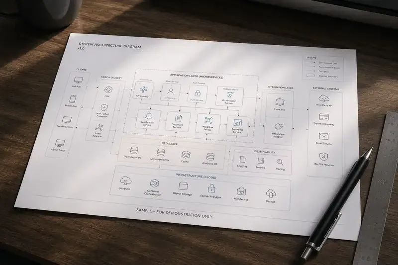 A hand-annotated system architecture diagram printed on paper