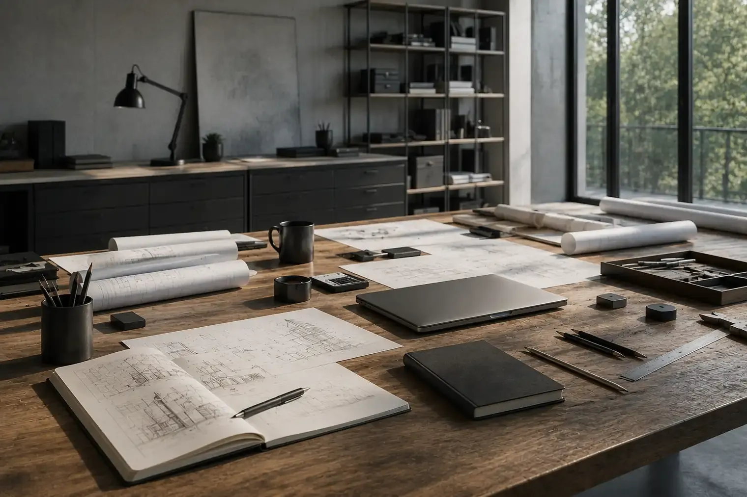 Engineers' printed drawings, notes and instruments spread across a workshop table