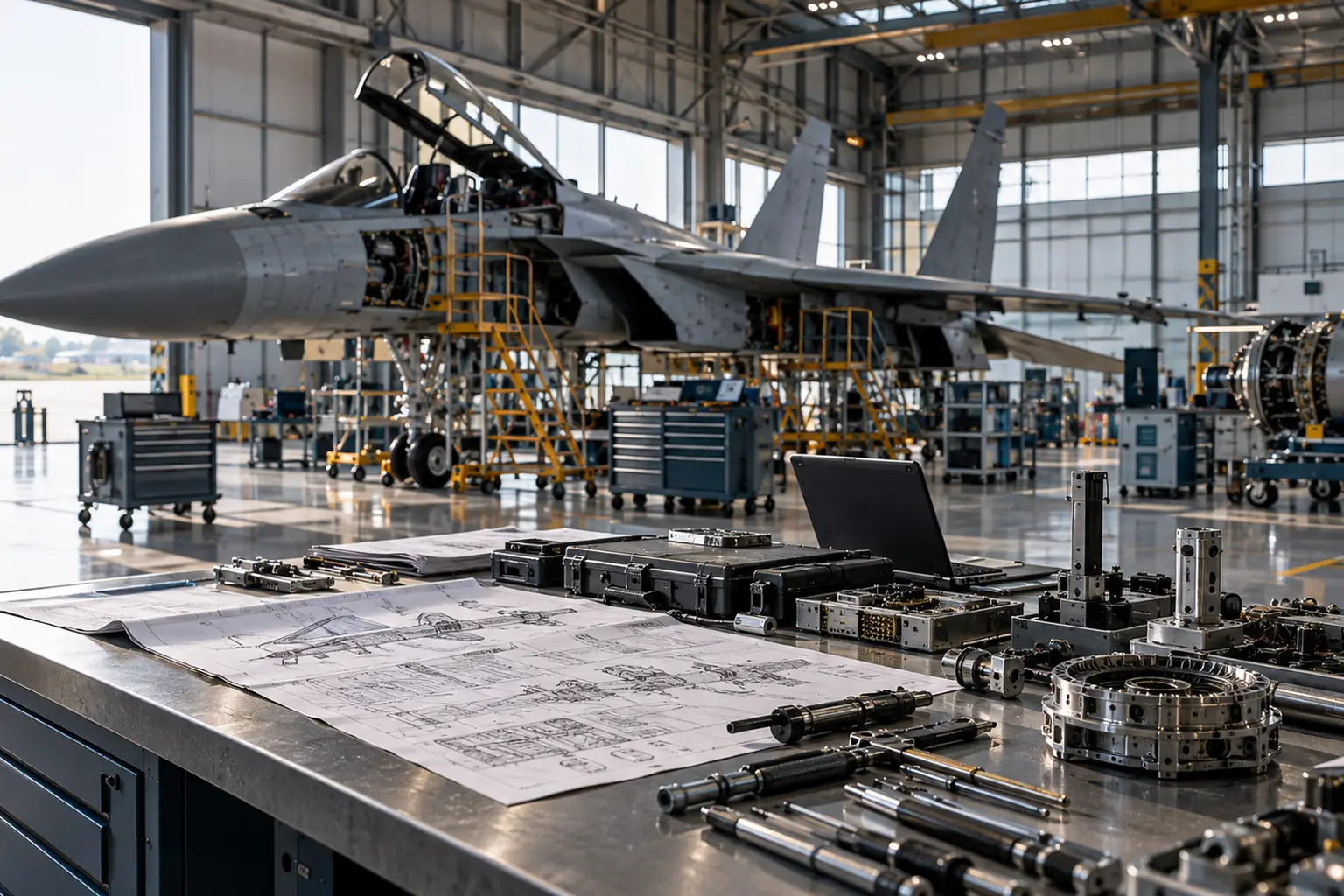 An aircraft maintenance hangar: engineering schematics, precision tooling and avionics units laid out on a workbench, an unmarked airframe on maintenance stands beyond