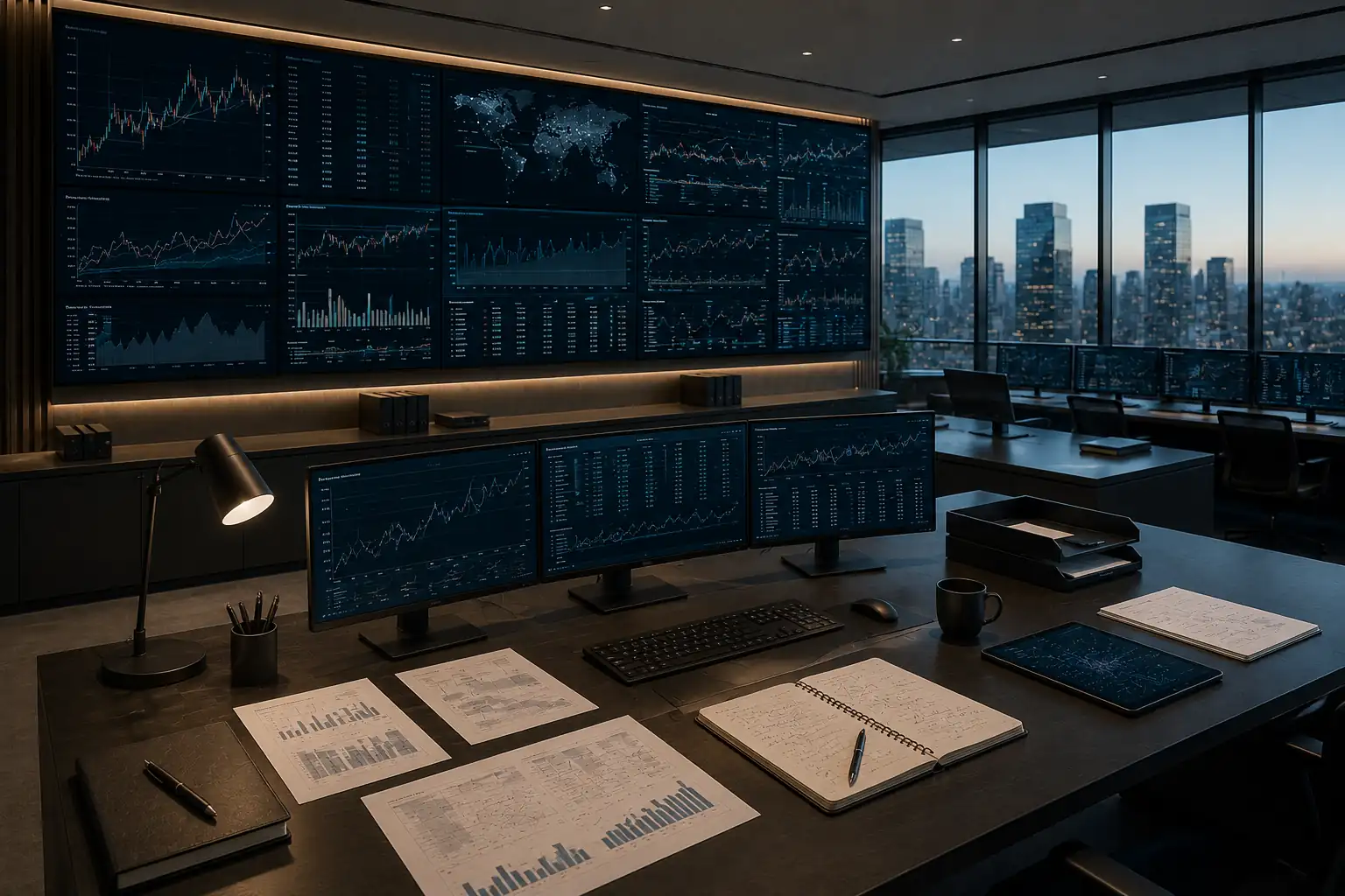 A financial operations workspace at dusk: analyst desks and a wall of market and risk displays above printed reports