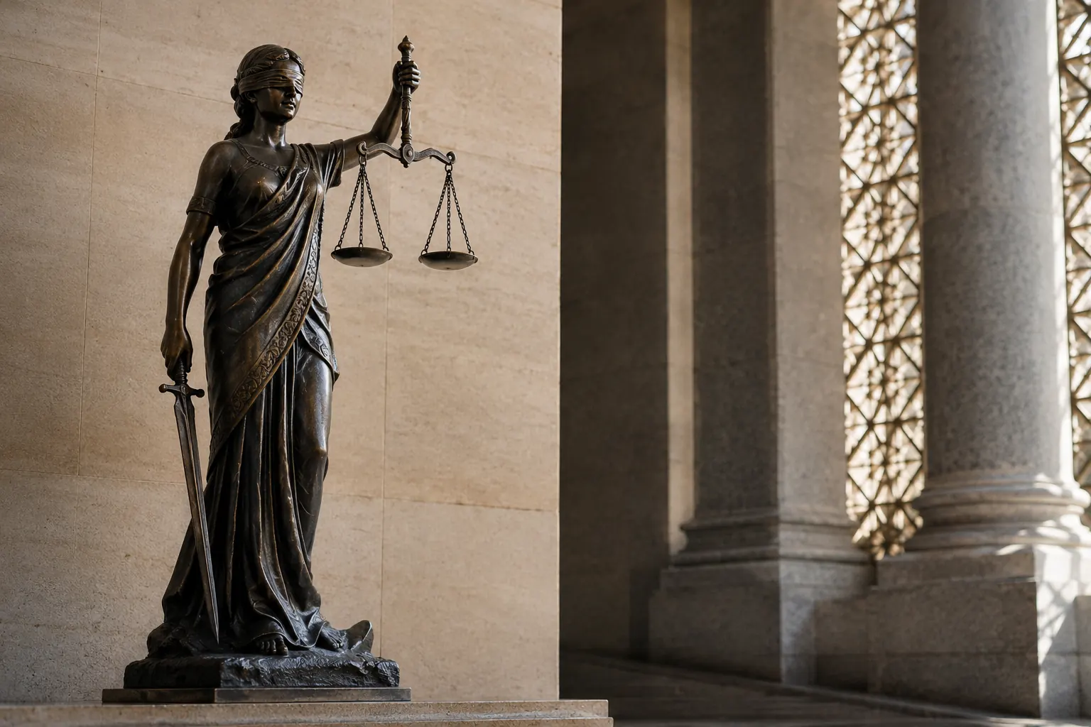 A bronze figure of Justice holding scales and a sword, standing in the colonnaded stone hall of a civic building