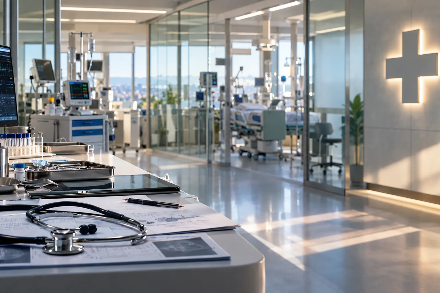 A hospital ward station: instrument trays and patient notes in the foreground, monitored critical-care bays beyond the glass