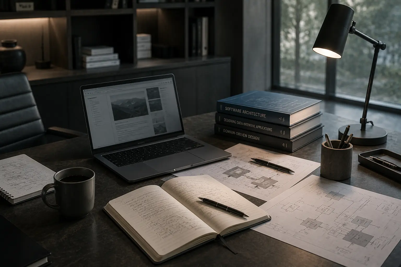A writing desk: manuscript pages, a notebook and pen beside printed diagrams in afternoon light