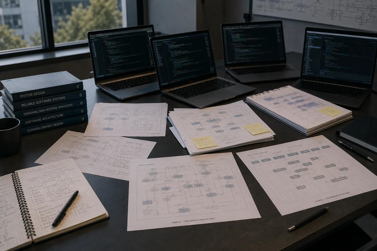 A review table: laptops with code alongside printed system diagrams, annotated documents and a working notebook